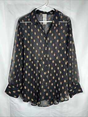 Chico’s Sheer Black Button Up Blouse Women’s 16/18 Gold Geometric